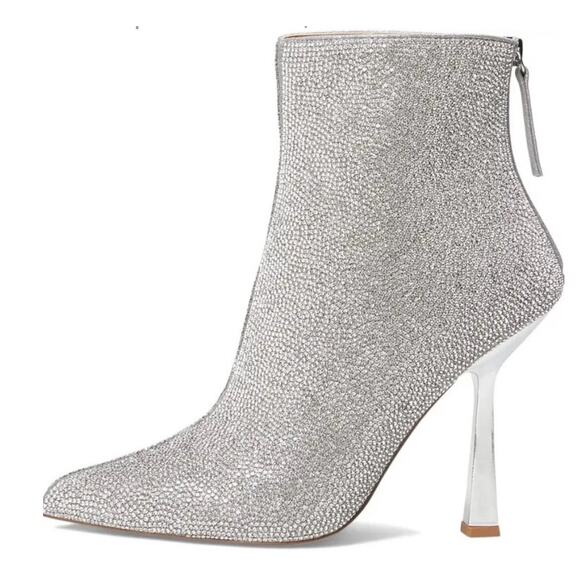 Steve Madden Callen Silver Rhinestone Ankle Pointed Toe 4.35" Mirror Heel 8 Boot - Picture 1 of 15